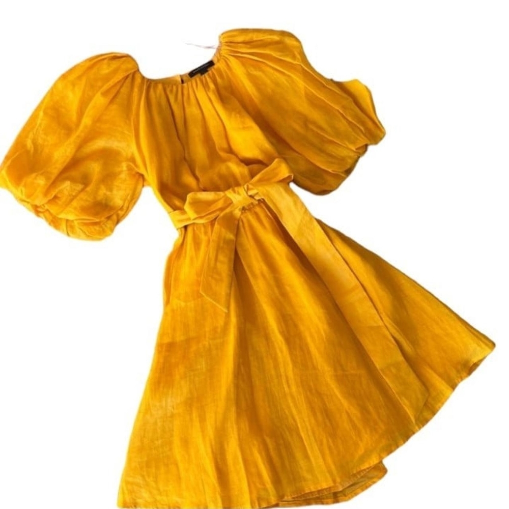 NWT Banana Republic Ramie Puff Sleeve Linen Mini Dress Medium Marigold Yellow